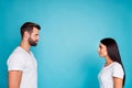 Profile photo of nice pair look eyes keeping silence wear casual outfit isolated blue background Royalty Free Stock Photo