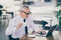 Profile photo of optimistic grey hair old business man drink tea write laptop wear spectacles white shirt outdoors near Royalty Free Stock Photo