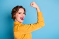 Profile photo of pretty cheerful lady hold raise biceps hand arm show perfect biceps gym training strong powerful woman Royalty Free Stock Photo