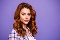 Profile photo of pretty lady with amazing wavy hairstyle and charming smile wear checkered casual shirt isolated purple