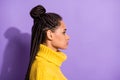 Profile photo of strict brunette lady wear yellow sweater isolated on purple background Royalty Free Stock Photo