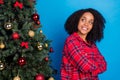 Profile photo of sweet millennial brunette lady crossed arms look tree wear red sleepwear isolated on blue color
