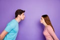 Profile photo of two funny adorable guy lady people couple standing opposite blind date kissing eyes closed wear casual