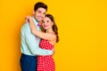 Profile photo two people pretty lady handsome guy prom party couple hugging posing portrait wear red dotted dress shirt Royalty Free Stock Photo