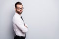 Profile photo of young handsome serious business man bossy crossed arms employer investor wear specs white office shirt Royalty Free Stock Photo