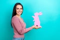Profile photo of young optimistic cheerful girl wear shirt hold paper pink rabbit happy easter holiday celebration