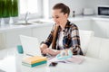 Profile photo of young pretty lady student browsing notebook sitting table desktop video call listen lesson online Royalty Free Stock Photo