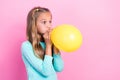 Profile photo of young small pretty cute face girlish schoolkid girl blow air balloon preparation celebrate event party