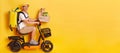 Profile portrait of attractive confident deliveryman driving moped, bringing pizza and takeaway coffee, posing isolated over