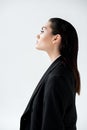 profile portrait of attractive glamour girl in black jacket