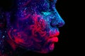 Profile portrait of a beautiful girl alien. Ultraviolet body art blue night sky with stars and pink jellyfish Royalty Free Stock Photo