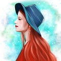 Profile portrait of a beautiful red-haired girl in a blue hat. Royalty Free Stock Photo