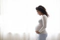 Profile Portrait Of Black Smiling Pregnant Woman Tenderly Embracing Belly At Home Royalty Free Stock Photo