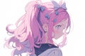 profile portrait of a cute pensive schoolgirl with a pink ponytail hairstyle in anime style on white background