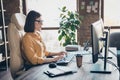 Profile portrait of focused intelligent executive director lady sit chair keyboard write office indoors Royalty Free Stock Photo