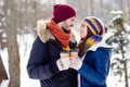 Profile portrait of handsome man adorable glad lady hands hold drink look each other enjoy free time outdoors Royalty Free Stock Photo