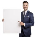 Profile portrait of happy young businessman and cardboard Royalty Free Stock Photo