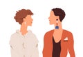 Profile portrait of lesbian love couple. Two modern women looking at each other. Girlfriends in trendy clothes. Colored