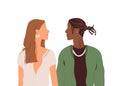 Profile portrait of multiracial couple of young man and woman. Multiethnic love partners standing face to face. Colored