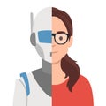 Profile portrait picture face of half robot half human. Woman cyborg and person on one photo. Artificial intelligence, futuristic