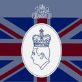 Profile portrait of prince Charles, King of England since 2022. Square banner with lineat lettering Kink Charles III on