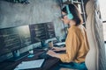 Profile portrait of serious smart web designer sitting chair keyboard write edit database workplace inside