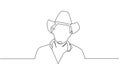 Profile portrait of smiling man in cowboy hat and shirt - continuous line drawing on white background. Linear minimal