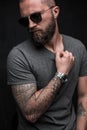 Profile portrait on turned head and long well trimmed beard of handsome man with sunglasses