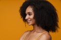 Profile portrait of young beautiful smiling happy curly woman Royalty Free Stock Photo