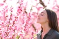 Woman smelling scented flowers in a field Royalty Free Stock Photo