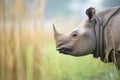 profile shot of indian rhino with tall grass background