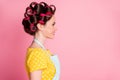 Profile side photo of charming girl look copyspace wear vintage outfit  over pink color background Royalty Free Stock Photo