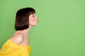 Profile side photo of cheerful flirty young charming woman send air kiss empty space isolated on green color background