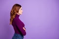 Profile side photo of classy chic millennial look isolated over purple background Royalty Free Stock Photo