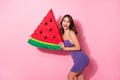 Profile side photo of happy joyful woman hold pinata watermelon smile isolated on pink color background