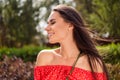 Profile side photo of peaceful calm relaxed young woman closed eyes enjoy summer weather outside in outdoors Royalty Free Stock Photo