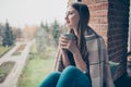 Profile side photo portrait of charming cute pondering lovely cute with long straight hairdo she her girl holding blue Royalty Free Stock Photo