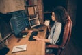 Profile side photo professional dark skin girl web administrator sit evening desk want pause she need work framework Royalty Free Stock Photo