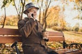 Profile side photo serious grey white hair old man have autumn park rest relax boss decide work solution sit bench speak