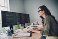 Profile side photo of smart focused lady developing site download content install new server reboot operating system