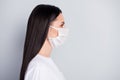 Profile side photo of strict girl in medical mask look copyspace have self-isolation not get corona virus sick wear