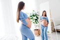 Profile side photo of sweet pretty lovely cute pregnant girl touching belly waiting baby maternity flat indoors Royalty Free Stock Photo