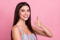 Profile side photo of young attractive woman happy positive smile show thumb-up like finge feedback isolated over pastel