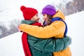 Profile side photo of young couple happy smile hug romantic trip honeymoon walk park winter weekend Royalty Free Stock Photo