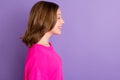 Profile side photo of young happy cheerful good mood lovely girl look copyspace isolated on purple color background