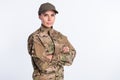 Profile side photo of young woman confident soldier army officer folded hands uniform isolated over white color Royalty Free Stock Photo