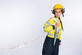 Profile side photo of young woman firefighter hold hose water urgency protection isolated over white color background Royalty Free Stock Photo