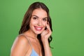 Profile side photo of young woman happy positive smile pure clean skin hydration isolated over green color background Royalty Free Stock Photo