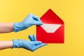 Profile side view closeup of human hand in blue surgical gloves holding dargging out red opened letter envelope Royalty Free Stock Photo