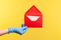 Profile side view closeup of human hand in blue surgical gloves holding red opened letter envelope Royalty Free Stock Photo